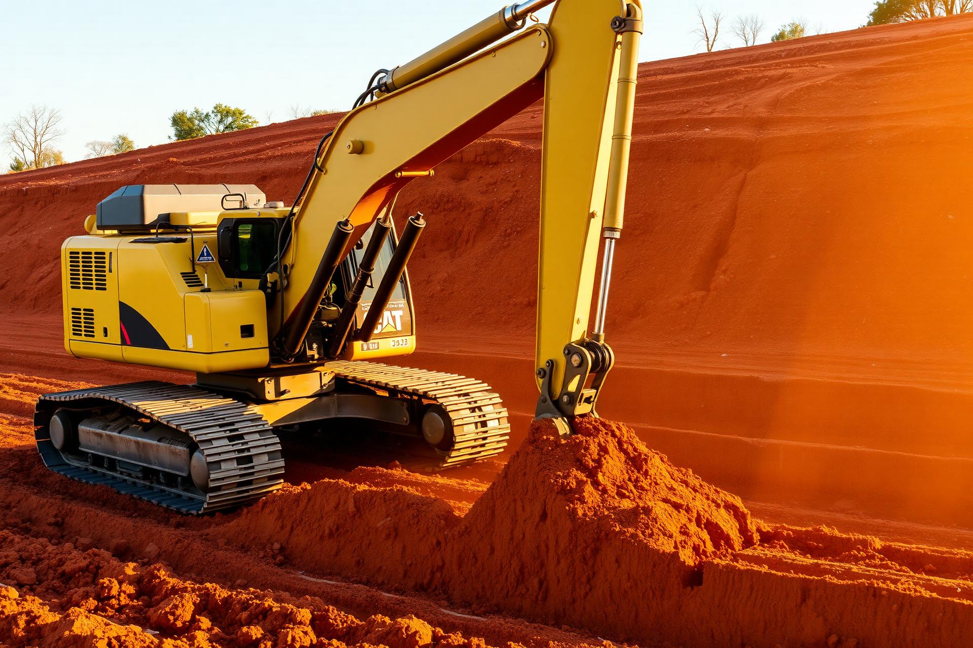 Excavator working freshly graded red-clay earthwork site in North Texas